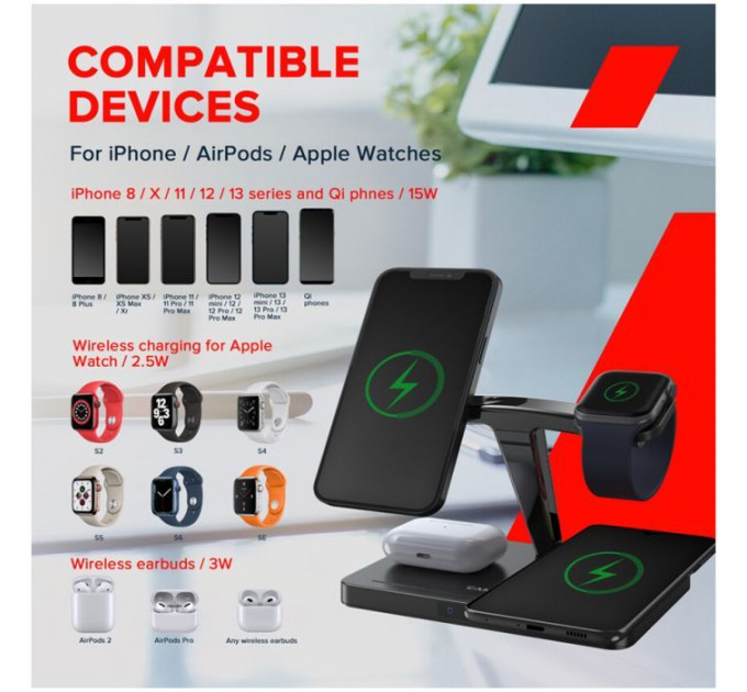 Зарядний пристрій Canyon wireless charger WS-404 15W 4in1 Black (CNS-WCS404)