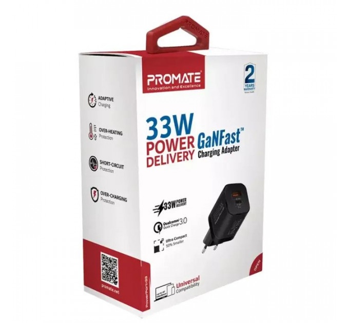 Зарядное устройство Promate 33W USB-C+USB-A (powerport-33.black)