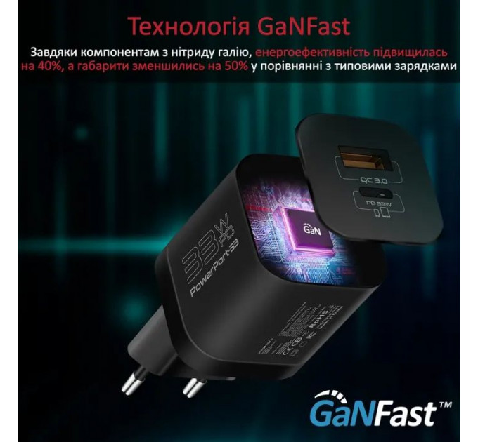 Зарядное устройство Promate 33W USB-C+USB-A (powerport-33.black)