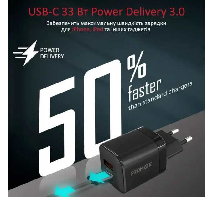 Зарядное устройство Promate 33W USB-C+USB-A (powerport-33.black)