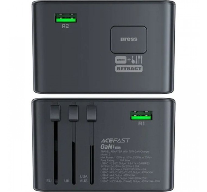 Зарядний пристрій Acefast 5xUSB 75W (3xUSB-C + 2xUSB-A) Gan Z1 Fast Charger (6974316282495)