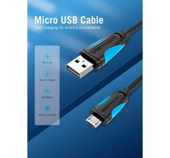 Дата кабеля USB 2.0 AM to Micro 5P 0.5m Black VENTION (VAS-A08-B050)