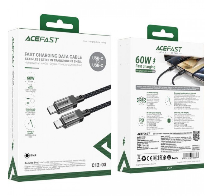 Дата кабель USB-C to USB-C 1.2m 60W stainless steel C12-03 Black Acefast (6974316283317)
