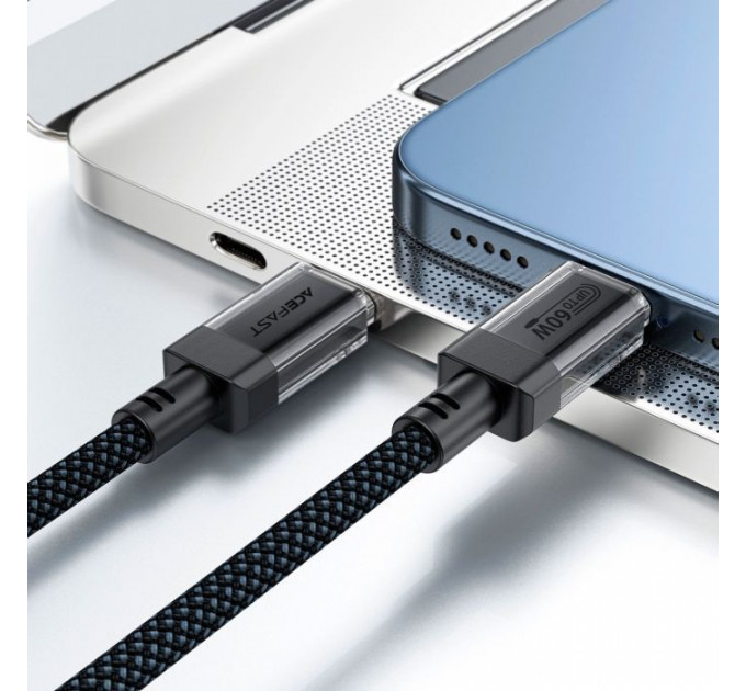 Дата кабель USB-C to USB-C 1.2m 60W stainless steel C12-03 Black Acefast (6974316283317)