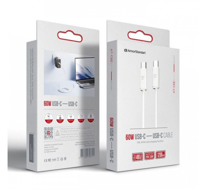 Дата кабель USB-C to USB-C 1.2m TPE 60W white Armorstandart (ARM75872)