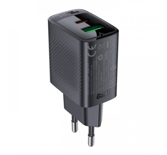 Зарядний пристрій Acefast A78 1xUSB-C PD20W + 1xUSB-A GaN Black (6974316283256)