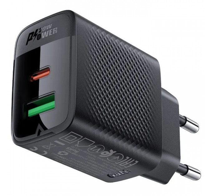 Зарядний пристрій Acefast A78 1xUSB-C PD20W + 1xUSB-A GaN Black (6974316283256)