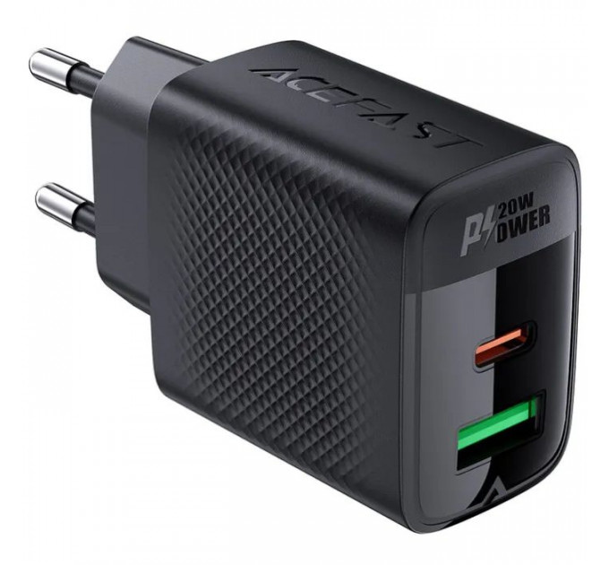 Зарядний пристрій Acefast A78 1xUSB-C PD20W + 1xUSB-A GaN Black (6974316283256)
