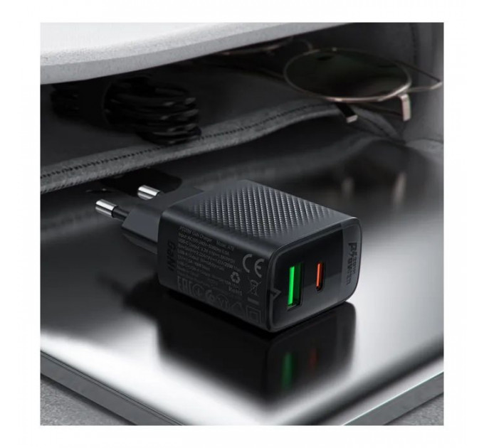 Зарядний пристрій Acefast A78 1xUSB-C PD20W + 1xUSB-A GaN Black (6974316283256)