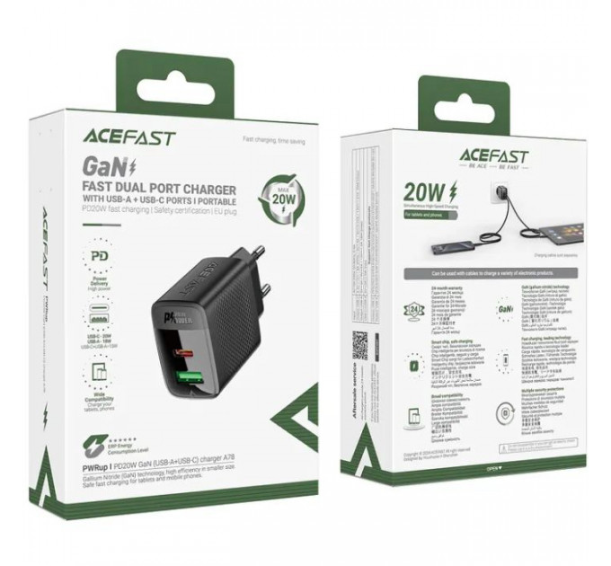 Зарядний пристрій Acefast A78 1xUSB-C PD20W + 1xUSB-A GaN Black (6974316283256)