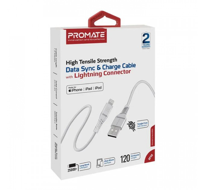 Дата кабель USB 2.0 AM to Lightning 1.2m 2.4A MFi PowerLine-Ai120 white Promate (powerline-ai120.white)