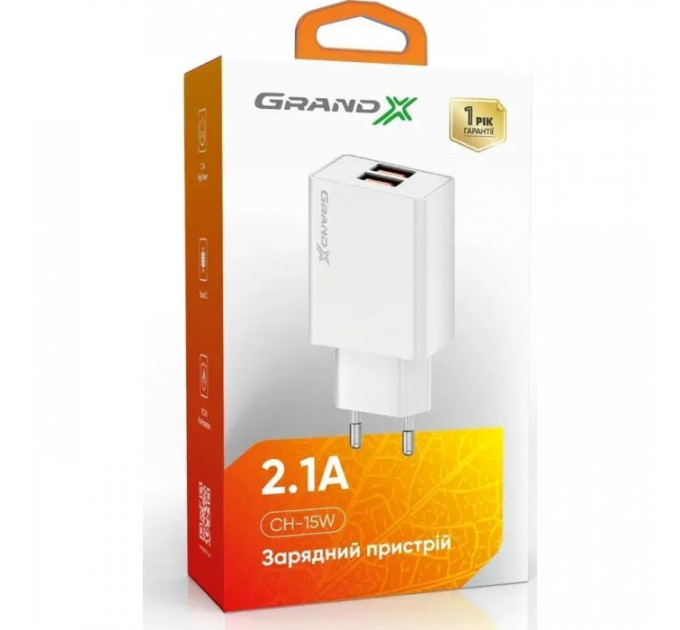 Зарядний пристрій Grand-X CH-15W 2xUSB 10.5W Black (CH-15W)