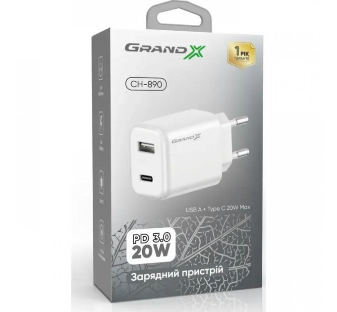Зарядное устройство Grand-X CH-890 Fast Charge 1xUSB-C PD20W + 1xUSB QC4.0 + AFC SCP FCP Black (CH-890)