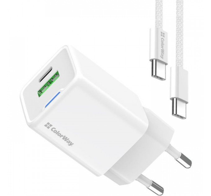 Зарядное устройство ColorWay C101A GaN Mini 20W PD PPS USB-C + USB-A QC4.0 + cable USB-C to USB-C black (CW-CHS062PDC-WT)