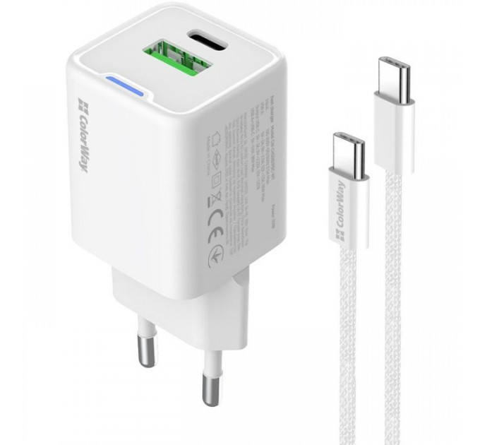 Зарядное устройство ColorWay C101A GaN Mini 20W PD PPS USB-C + USB-A QC4.0 + cable USB-C to USB-C black (CW-CHS062PDC-WT)