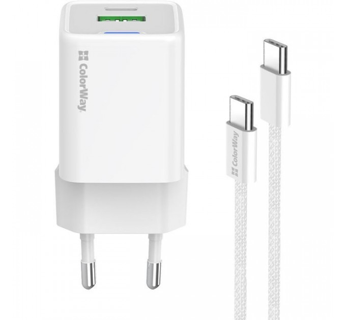 Зарядное устройство ColorWay C101A GaN Mini 20W PD PPS USB-C + USB-A QC4.0 + cable USB-C to USB-C black (CW-CHS062PDC-WT)