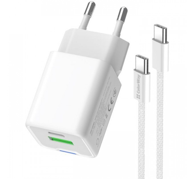 Зарядное устройство ColorWay C101A GaN Mini 20W PD PPS USB-C + USB-A QC4.0 + cable USB-C to USB-C black (CW-CHS062PDC-WT)