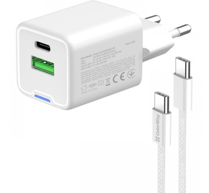 Зарядное устройство ColorWay C101A GaN Mini 20W PD PPS USB-C + USB-A QC4.0 + cable USB-C to USB-C black (CW-CHS062PDC-WT)