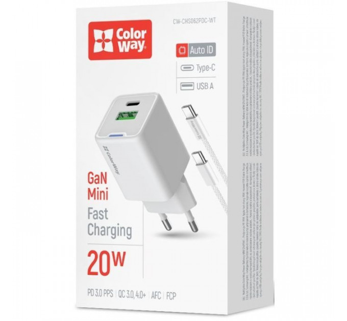 Зарядное устройство ColorWay C101A GaN Mini 20W PD PPS USB-C + USB-A QC4.0 + cable USB-C to USB-C black (CW-CHS062PDC-WT)