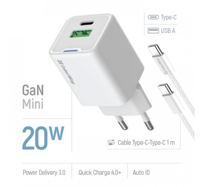 Зарядное устройство ColorWay C101A GaN Mini 20W PD PPS USB-C + USB-A QC4.0 + cable USB-C to USB-C black (CW-CHS062PDC-WT)
