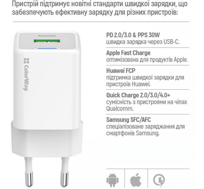 Зарядное устройство ColorWay C101A GaN Mini 20W PD PPS USB-C + USB-A QC4.0 + cable USB-C to USB-C black (CW-CHS062PDC-WT)
