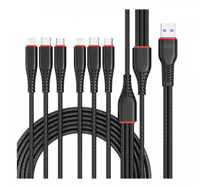 Дата кабель USB 2.0 AM to 2xLightning + 2xMicro 5P + 2xUSB-C 1.2m black XO (XO-NB196-6in1)