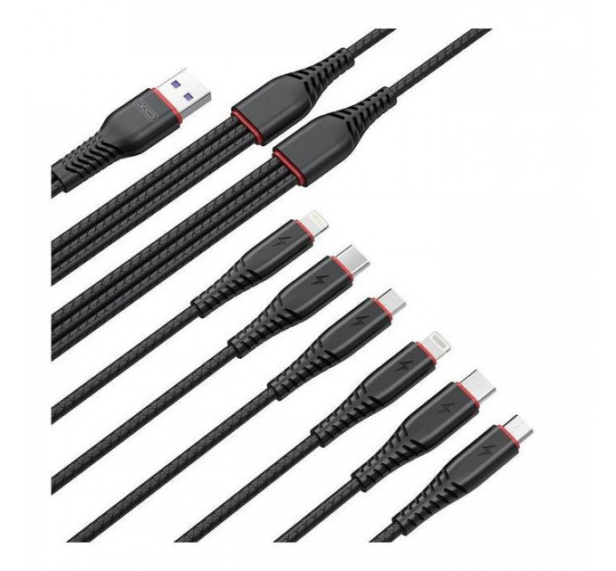 Дата кабель USB 2.0 AM to 2xLightning + 2xMicro 5P + 2xUSB-C 1.2m black XO (XO-NB196-6in1)
