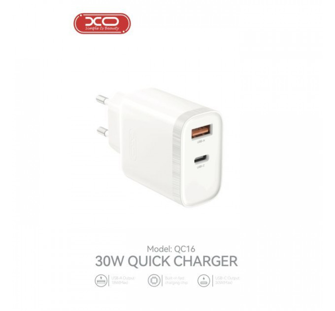 Зарядное устройство для XO 1xUSB-C PD30W + 1xUSB QC3.0 (XO-QC16)