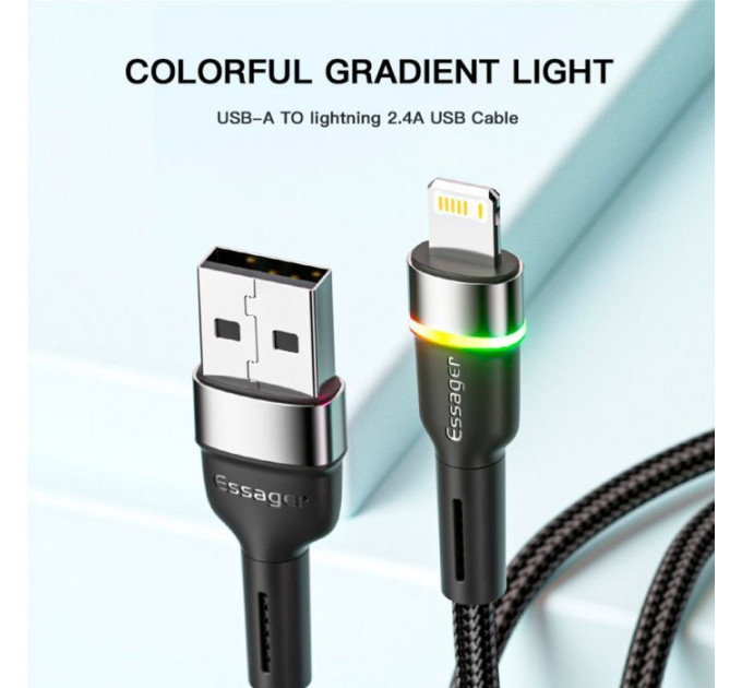 Дата кабель USB 2.0 AM to Lightning 2.0m 2.4A LED black Essager (EXCL-XCDA01)