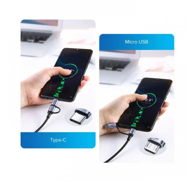 Дата кабеля USB 2.0 AM to USB-C + Micro 5P 1.0m 3A US177 black Ugreen (30875)