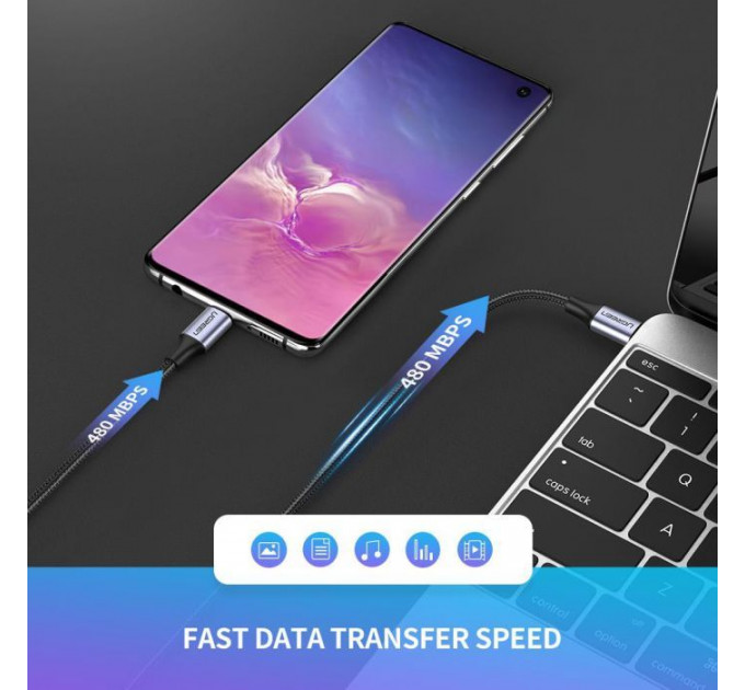 Дата USB-C кабель USB-C 0.5m 3A 60W US261 black\/gray Ugreen (50149)
