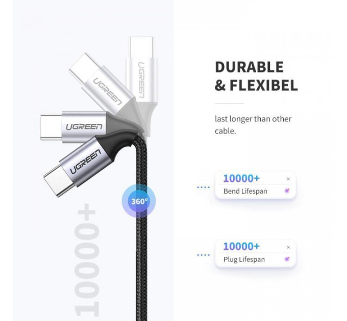 Дата USB-C кабель USB-C 0.5m 3A 60W US261 black\/gray Ugreen (50149)