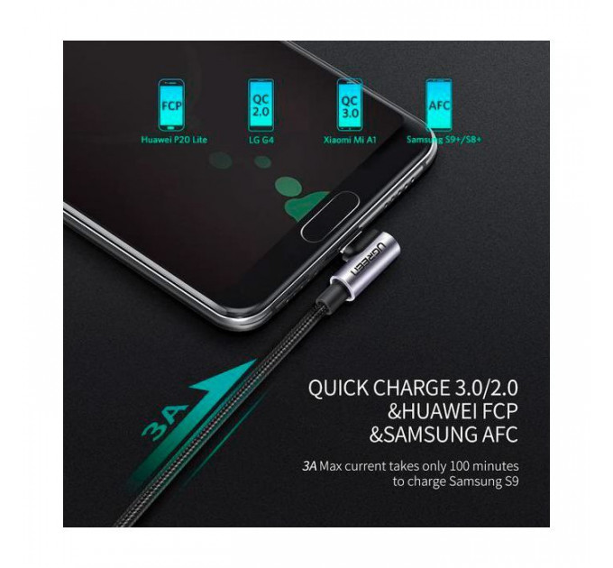 Дата кабель USB 2.0 AM to USB-C 3.0m 3A US284 90° corner black Ugreen (70255)