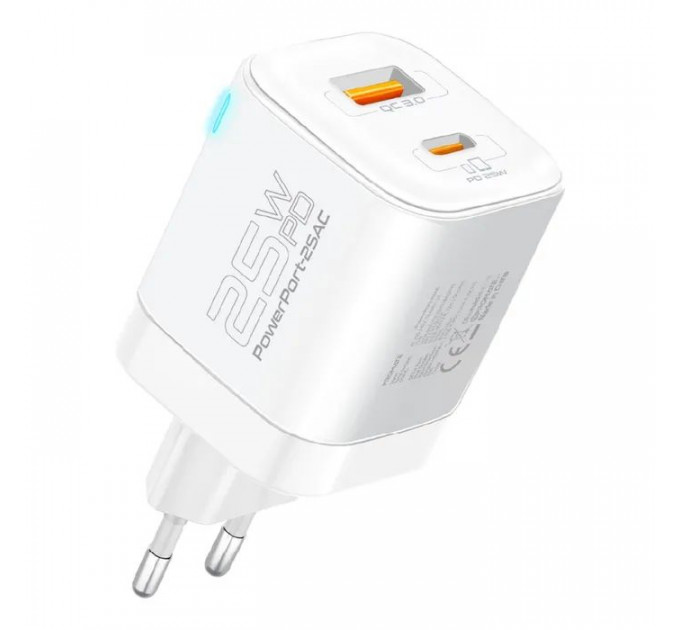 Зарядний пристрій Promate USBC PD25W + USBA QC3.0 18W White (powerport-25ac.white)