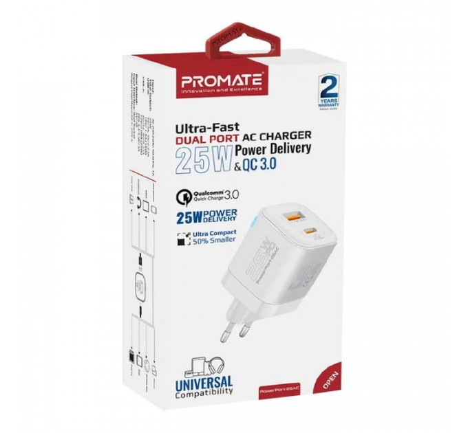 Зарядний пристрій Promate USBC PD25W + USBA QC3.0 18W White (powerport-25ac.white)