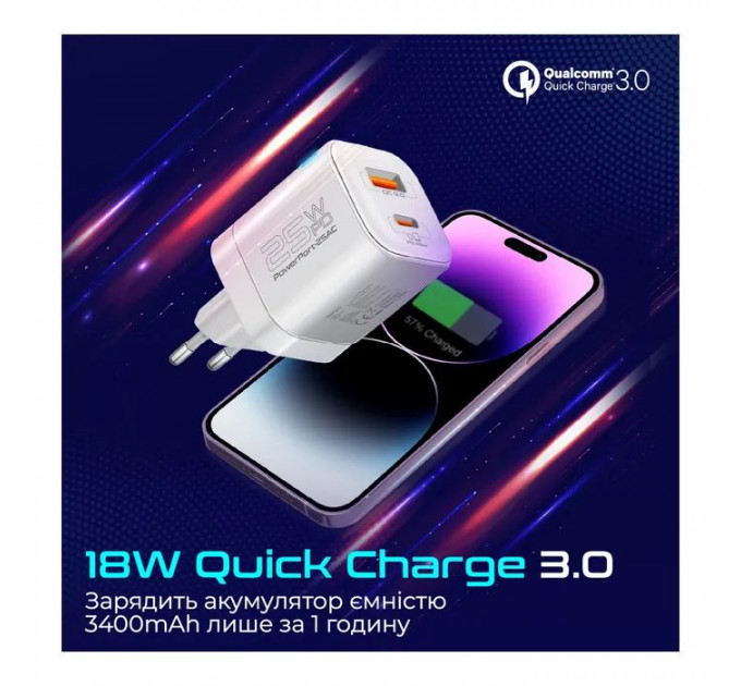 Зарядний пристрій Promate USBC PD25W + USBA QC3.0 18W White (powerport-25ac.white)