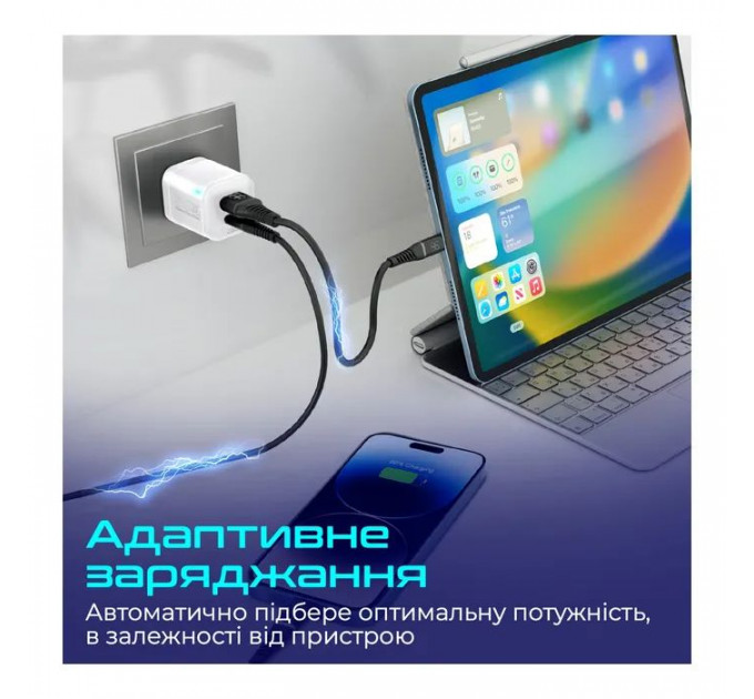 Зарядний пристрій Promate USBC PD25W + USBA QC3.0 18W White (powerport-25ac.white)