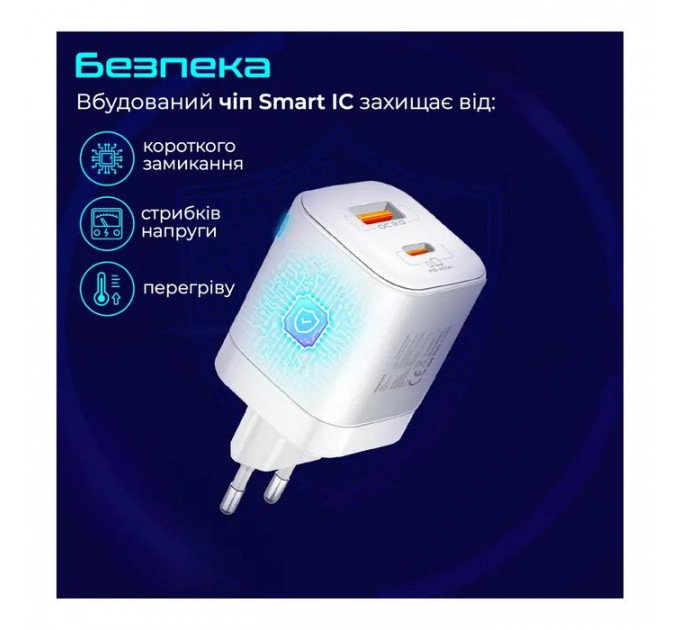 Зарядний пристрій Promate USBC PD25W + USBA QC3.0 18W White (powerport-25ac.white)
