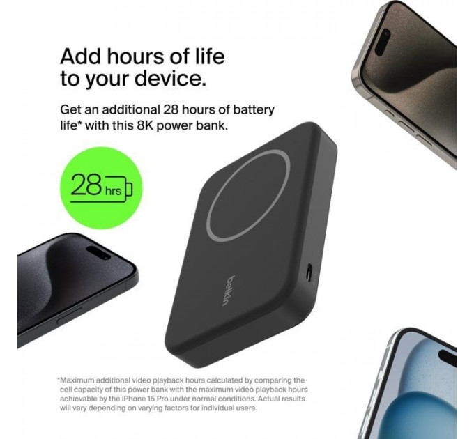 Батарея універсальна Belkin 8000mAh MagSafe Wireless Qi2 Black (BPD007BTBK)