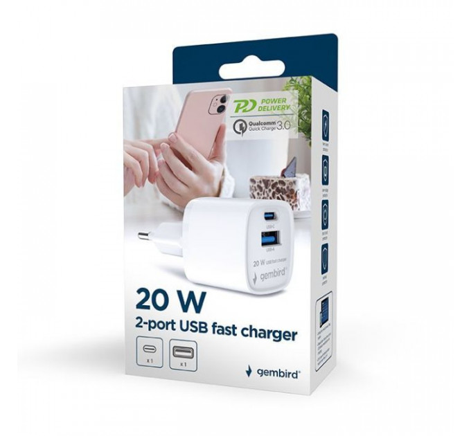 Зарядное устройство для Gembird 1xUSB-C PD20W + 1xUSB QC3.0 white (TA-UC-PDQC20-W-01)