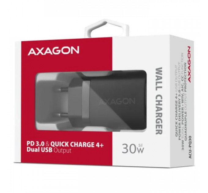 Зарядное устройство для AXAGON 1xUSB QC4.0 + 1xUSB-C PD30W PPS black (ACU-PQ30)