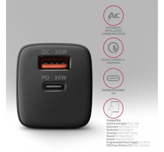 Зарядное устройство для AXAGON 1xUSB QC4.0 + 1xUSB-C PD30W PPS black (ACU-PQ30)