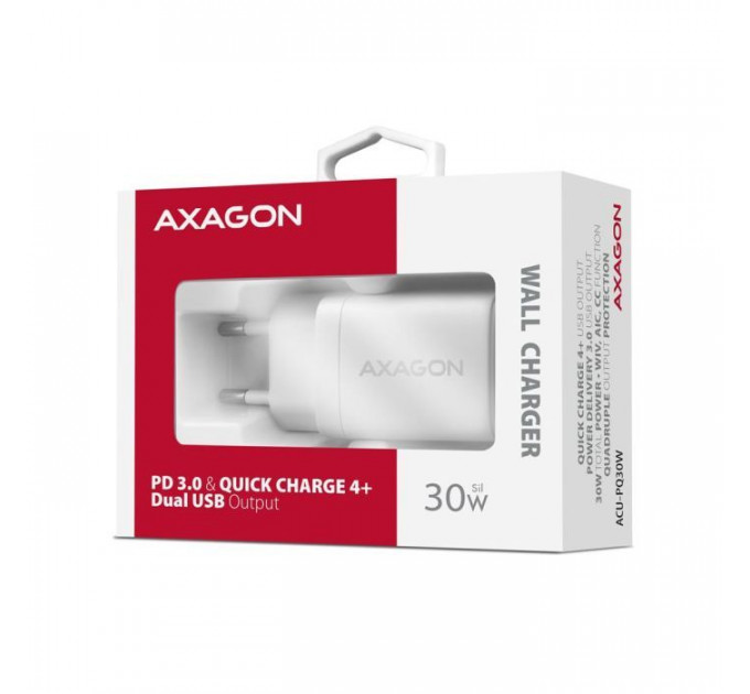 Зарядний пристрій AXAGON 1xUSB QC4.0 + 1xUSB-C PD30W PPS white (ACU-PQ30W)