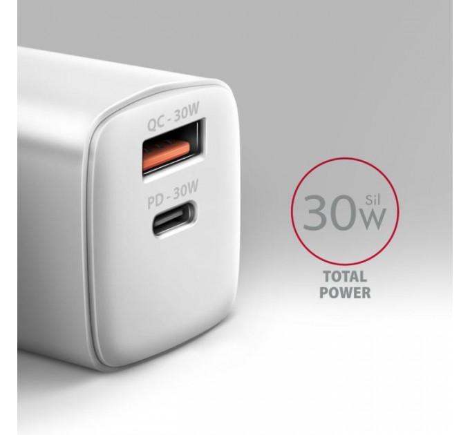Зарядний пристрій AXAGON 1xUSB QC4.0 + 1xUSB-C PD30W PPS white (ACU-PQ30W)