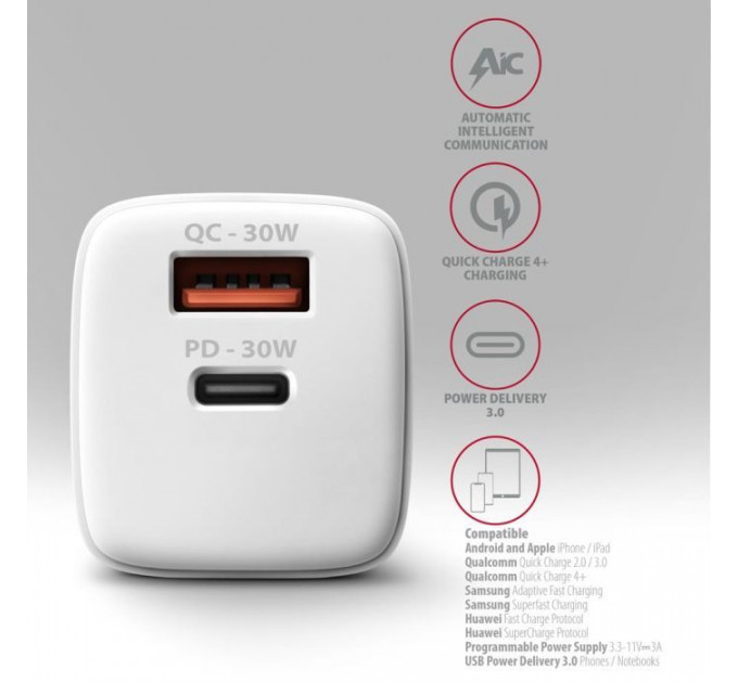 Зарядний пристрій AXAGON 1xUSB QC4.0 + 1xUSB-C PD30W PPS white (ACU-PQ30W)