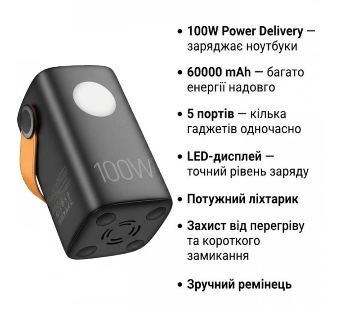 Батарея універсальна HOCO 60000mAh Astrum PD\/100W, QC\/3.0, LED lamp, Black (DB160 \/ 714724)