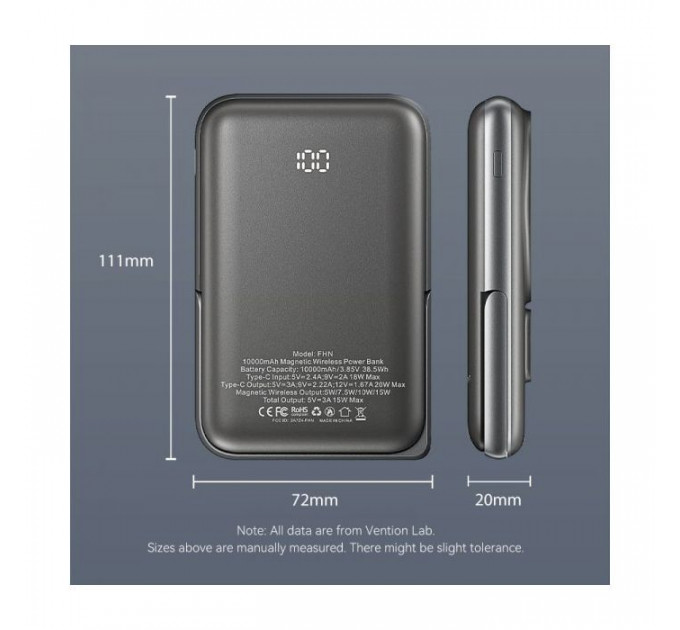 Батарея универсальная VENTION Magnetic Wireless 10000mAh 20W PD USB-C In/Out, QI-15W Black (FHNB0)