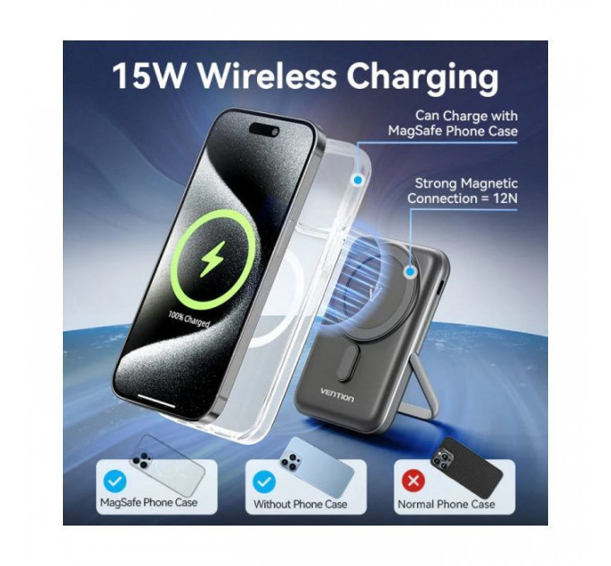 Батарея универсальная VENTION Magnetic Wireless 10000mAh 20W PD USB-C In/Out, QI-15W Black (FHNB0)