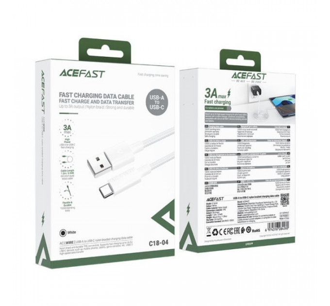 Дата кабель USB 2.0 AM to USB-C 1.2m 3A white Acefast (6974316284260)