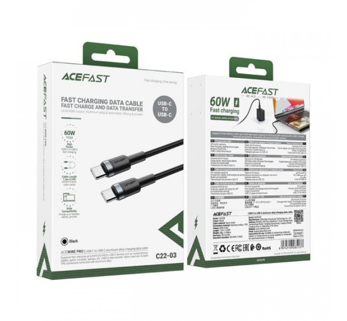 Дата кабель USB-C to USB-C 1.2m 60W black Acefast (6974316285137)